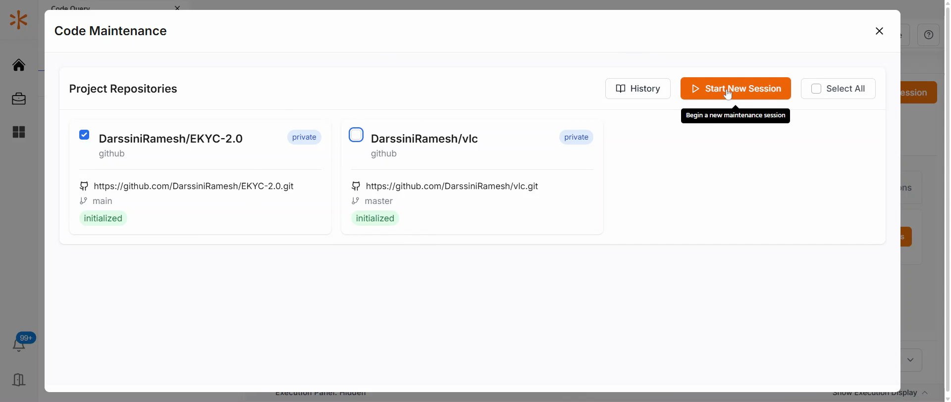 Illustration for Step 5: Select the repository you wish to modify and click on Start new session.